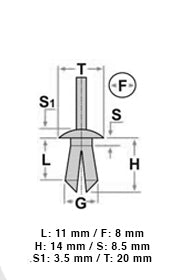 10 16912 Rivetto a pressione plastica
VOLVO VW MERCEDES BMW AUDI
8X11 T20