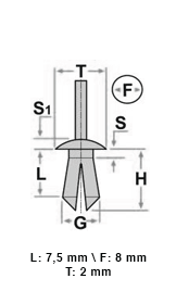 10 03512 Rivetto a pressione plastica
HONDA NISSAN MITSUBISHI
8X7,5 T20