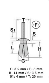 10 10312 Rivetto a pressione plastica
PEUGEOT CITROEN PSA
8X8,5 T20