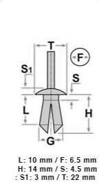 10 10412 Rivetto a pressione plastica
LANCIA FIAT PEUGEOT CITROEN
6,5X10 T22