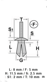 10 12612 Rivetto a pressione plastica
RENAULT CITROEN PEUGEOT
5X8 T10
