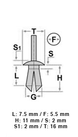 10 13912 Rivetto a pressione plastica
OPEL VW MERCEDES IVECO
5,5X7,5 T16