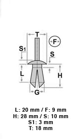 10 21412 Rivetto a pressione plastica
TOYOTA
9X20 T18